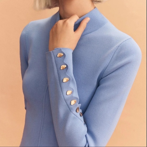 AJE- NWT Mist Blue Harmony Knit Longsleeve Scalloped Trim High Collar Mini Dress - Picture 4 of 10